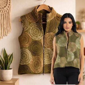COVELO Boho Olive Green Circle Spiral Pattern Zip Up Wool Vest Size Large